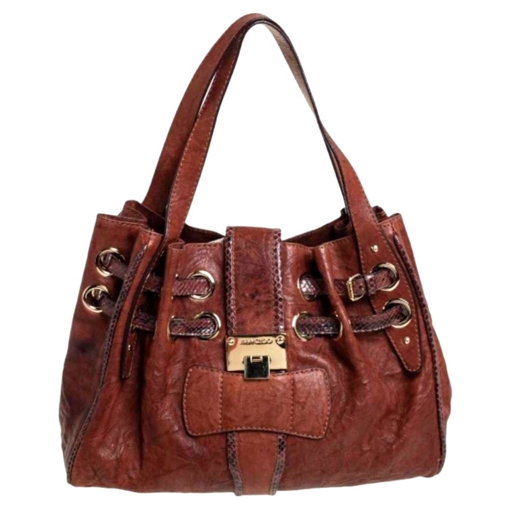 JIMMY CHOO RIKI LEATHER AND SNAKESKIN RAMONA SATCHEL BAG🤎
